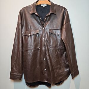 ACOA Brown Faux Leather Long Sleeve Button Down Shirt Oversized Small Mens